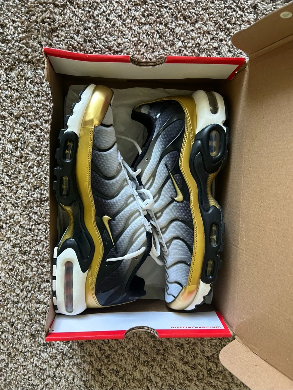 Nike Men’s Air Max Plus PRM Sneakers - White, Black & Gold Accent